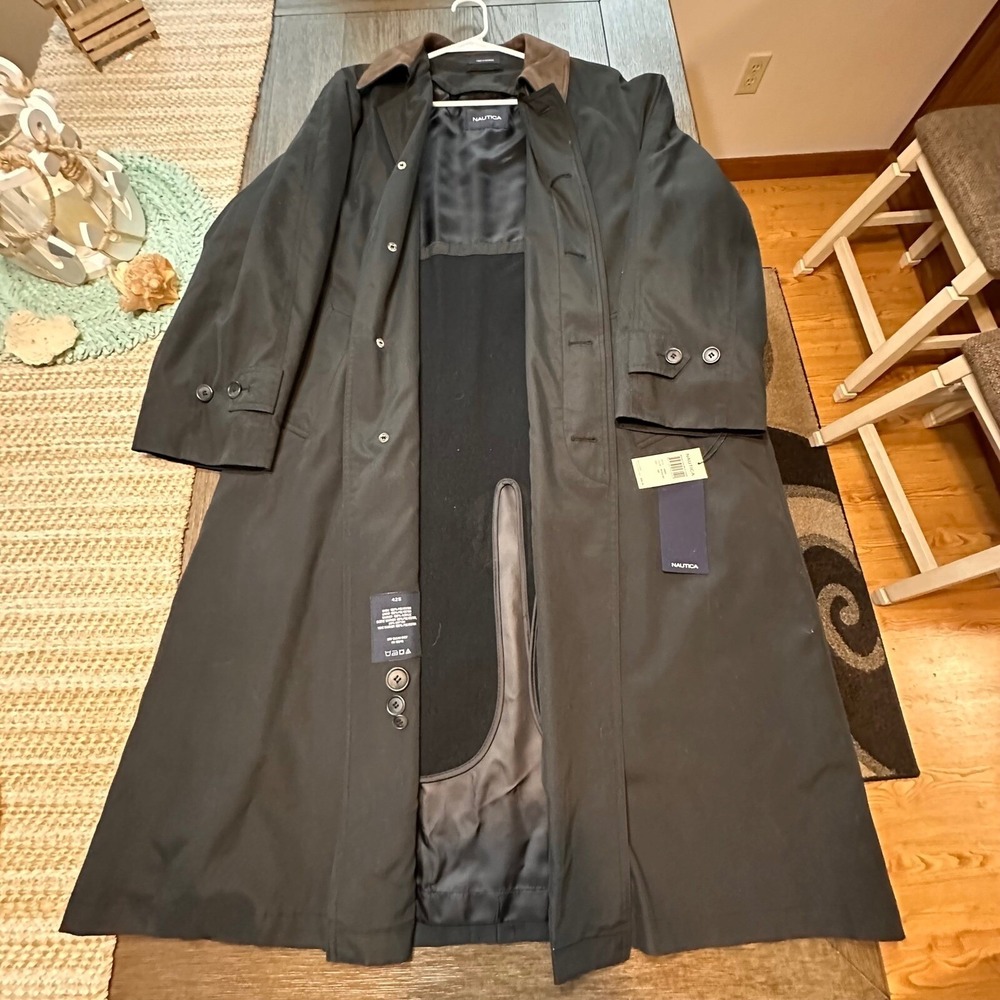 NWT Nautica Trench Coat Water Repellent Removable Warmer Black Size 42S‎